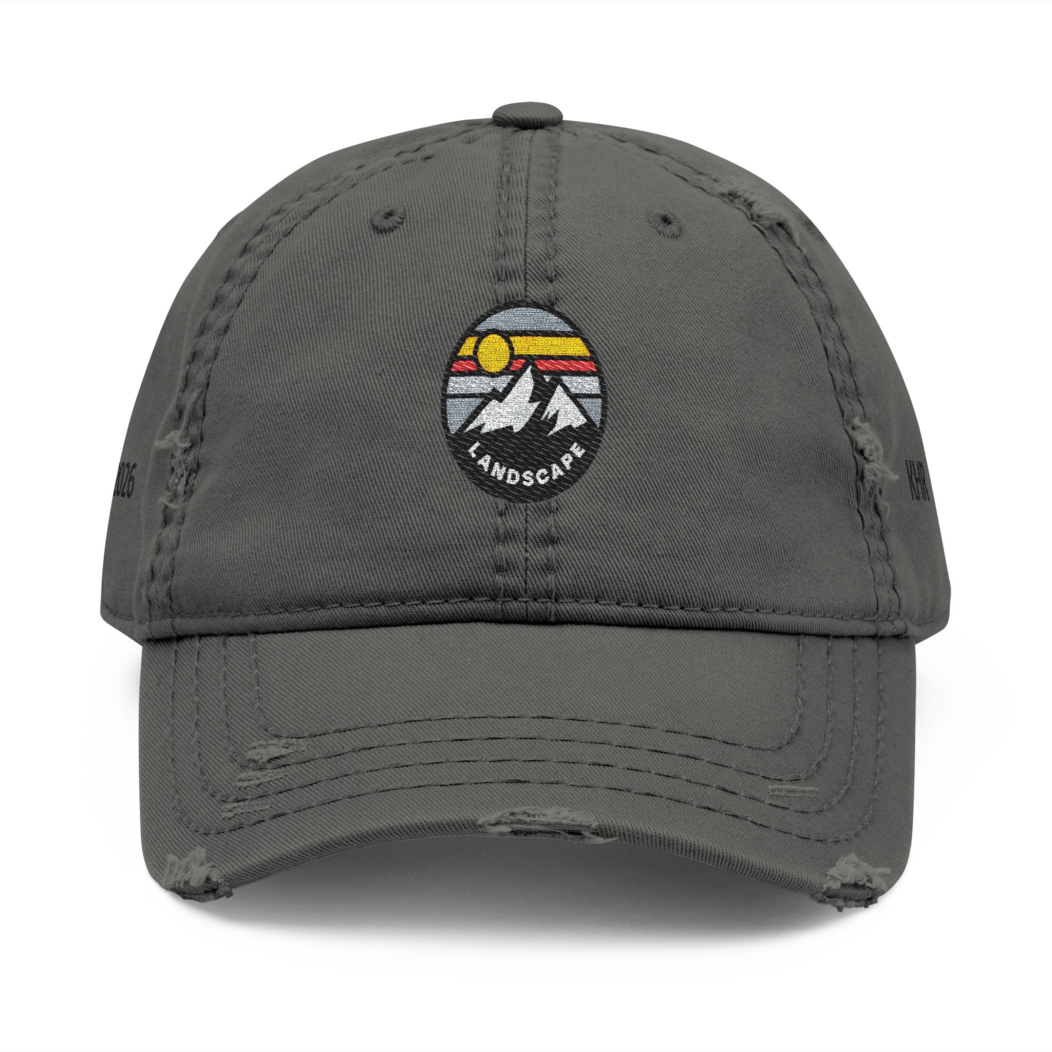 Distressed Embroidered Mountain Dad Hat – Retro Sunset Landscape Cap
