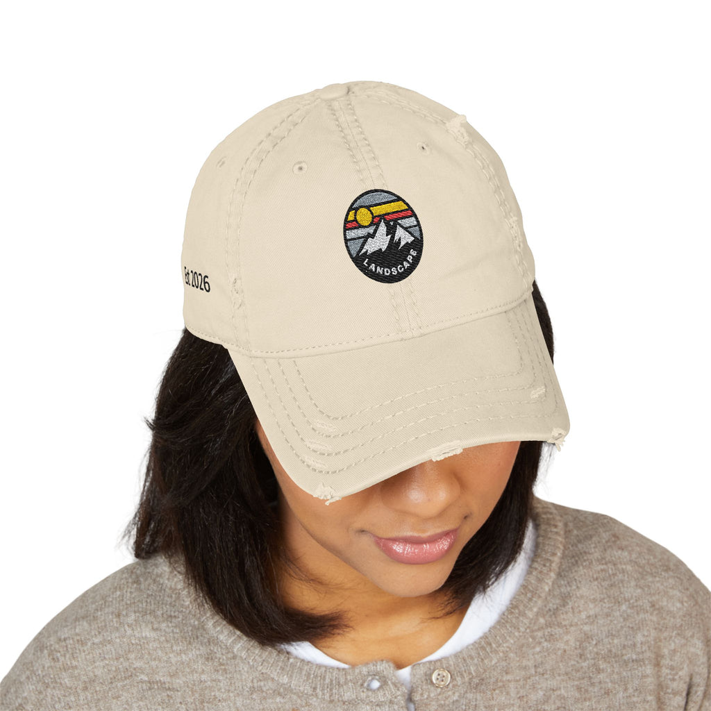 Distressed Embroidered Mountain Dad Hat – Retro Sunset Landscape Cap