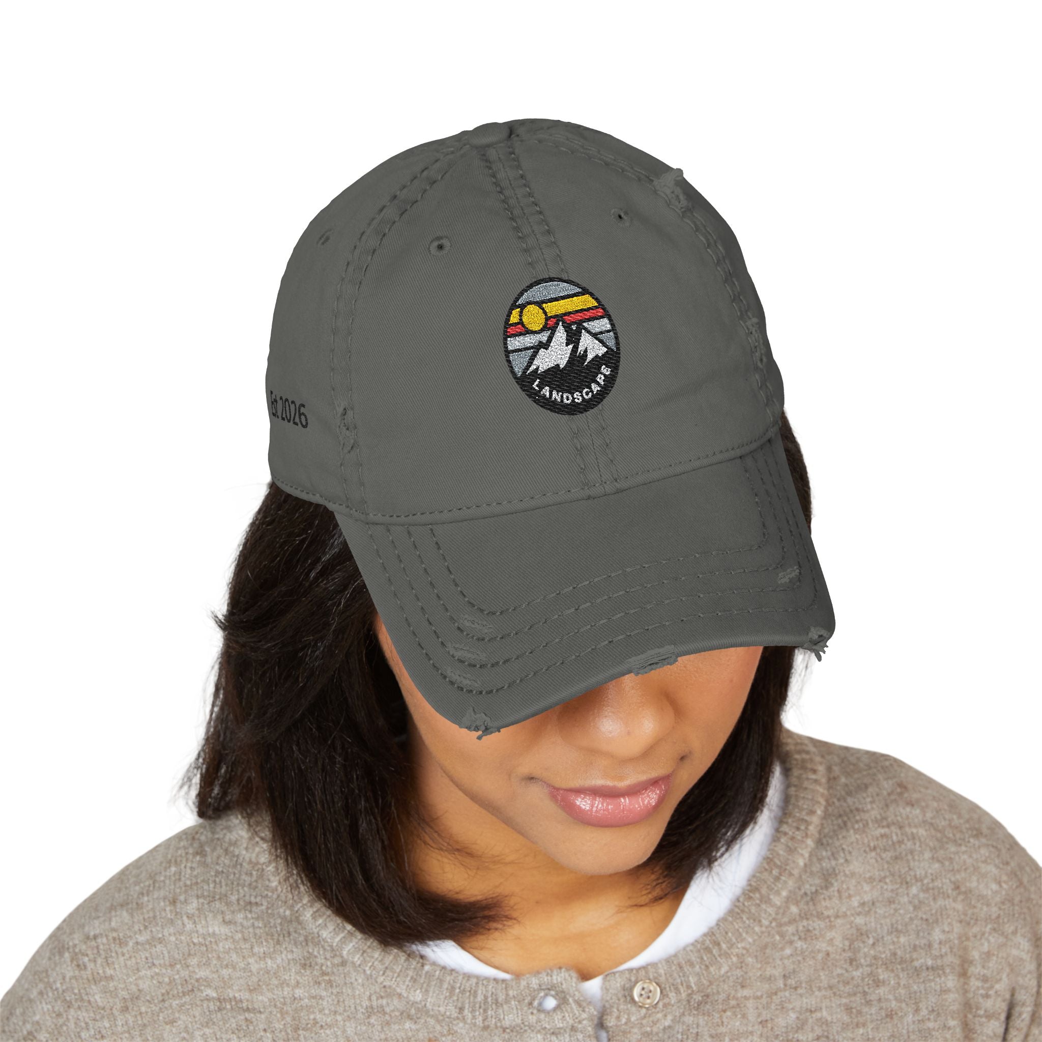 Distressed Embroidered Mountain Dad Hat – Retro Sunset Landscape Cap