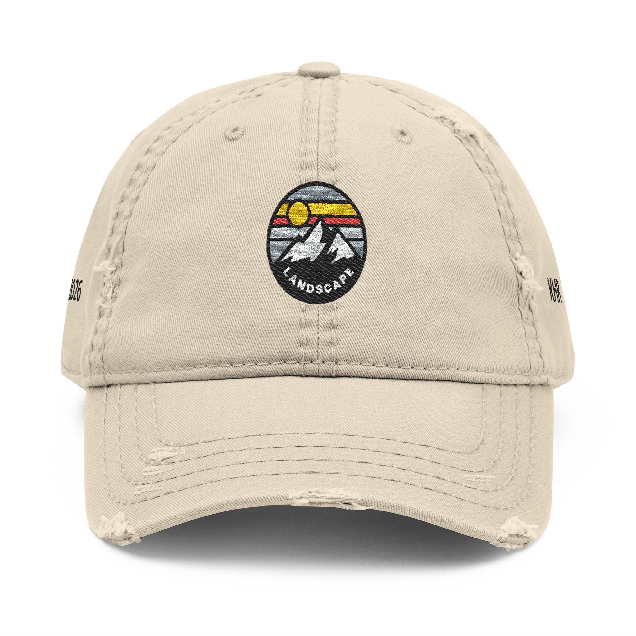 Distressed Embroidered Mountain Dad Hat – Retro Sunset Landscape Cap
